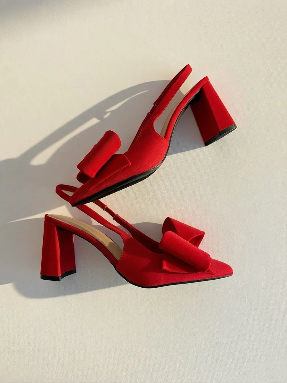 Red Bow Pointed Toe Slingback Blocked Heels- Women